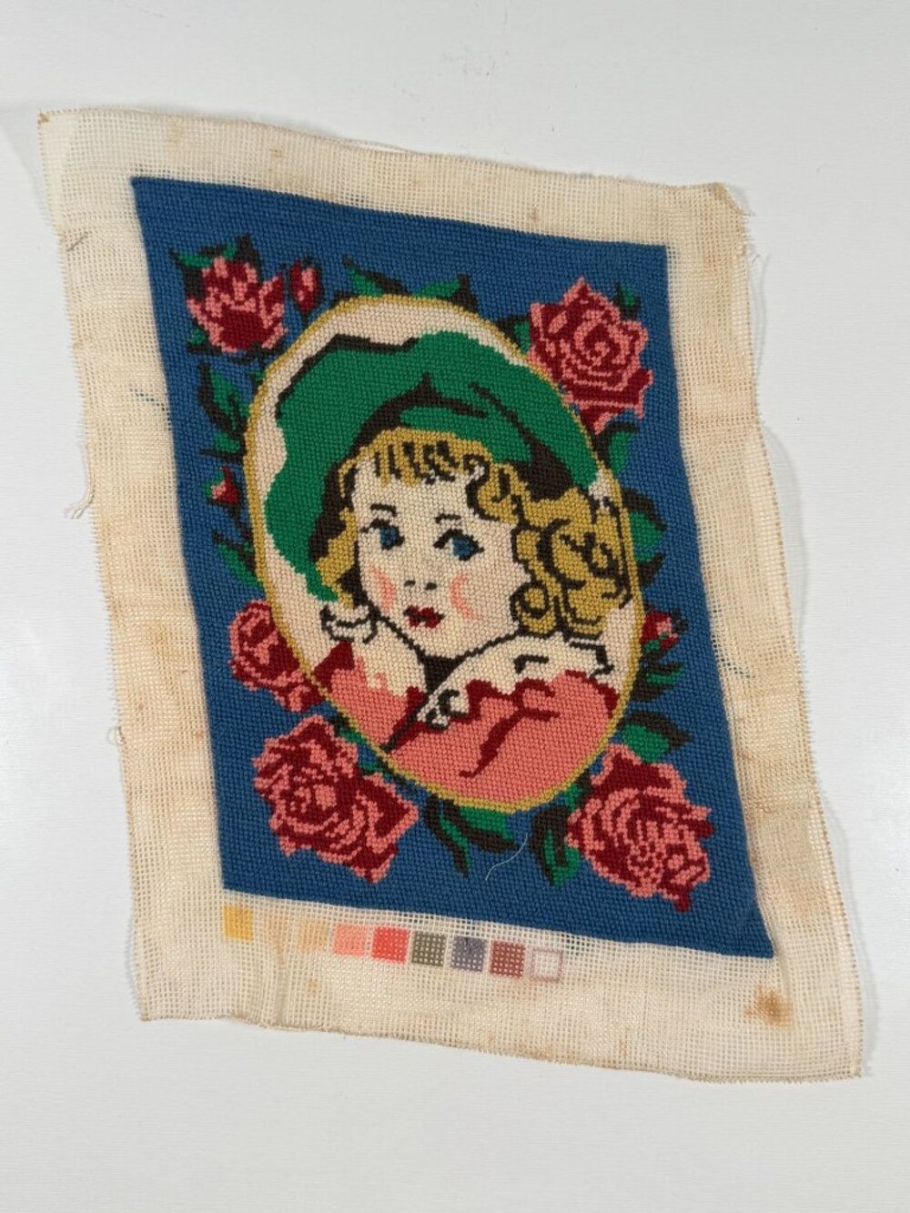 Vintage Needlepoint Victorian Blonde Girl Blue Eyes Roses Green Hat 8x11"